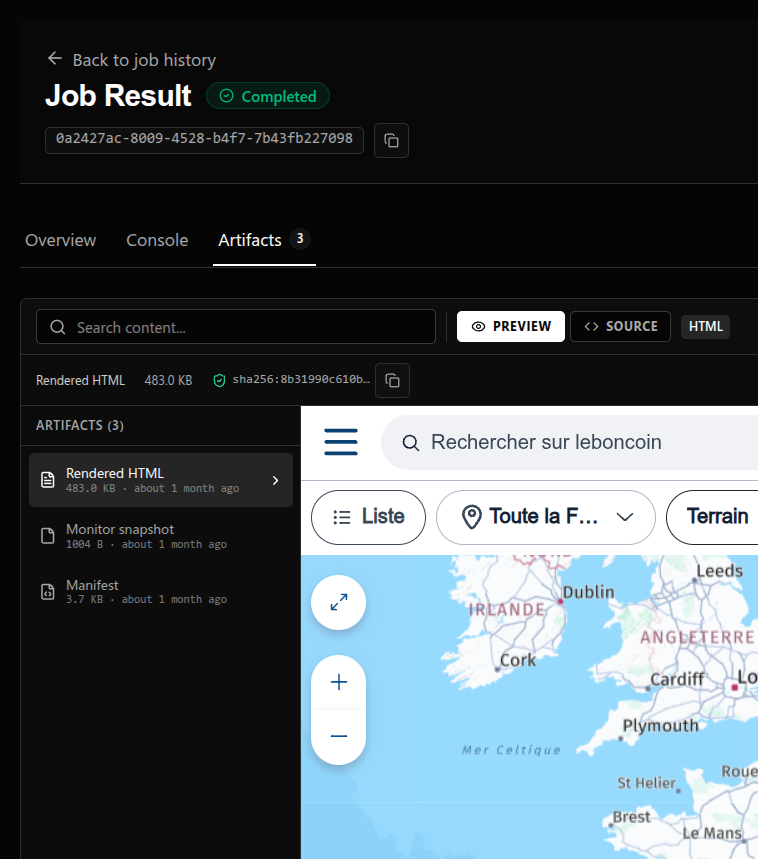 ScrapeNest console - scraped LeBonCoin page rendered in the artifact viewer with map and search results